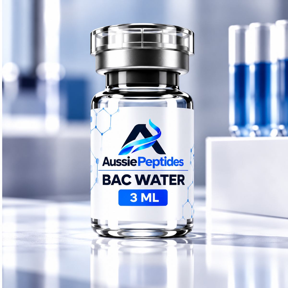 Bacteriostatic water (bac water) 3ml vial with AussiePeptides label