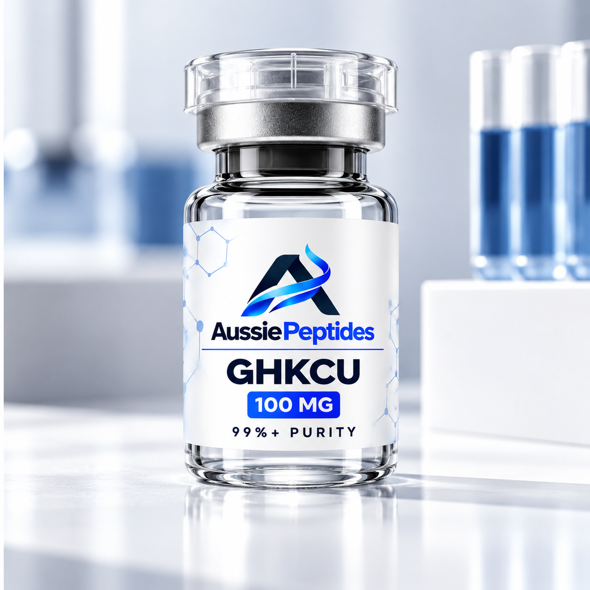 GHK-Cu copper peptide 100mg vial with AussiePeptides label