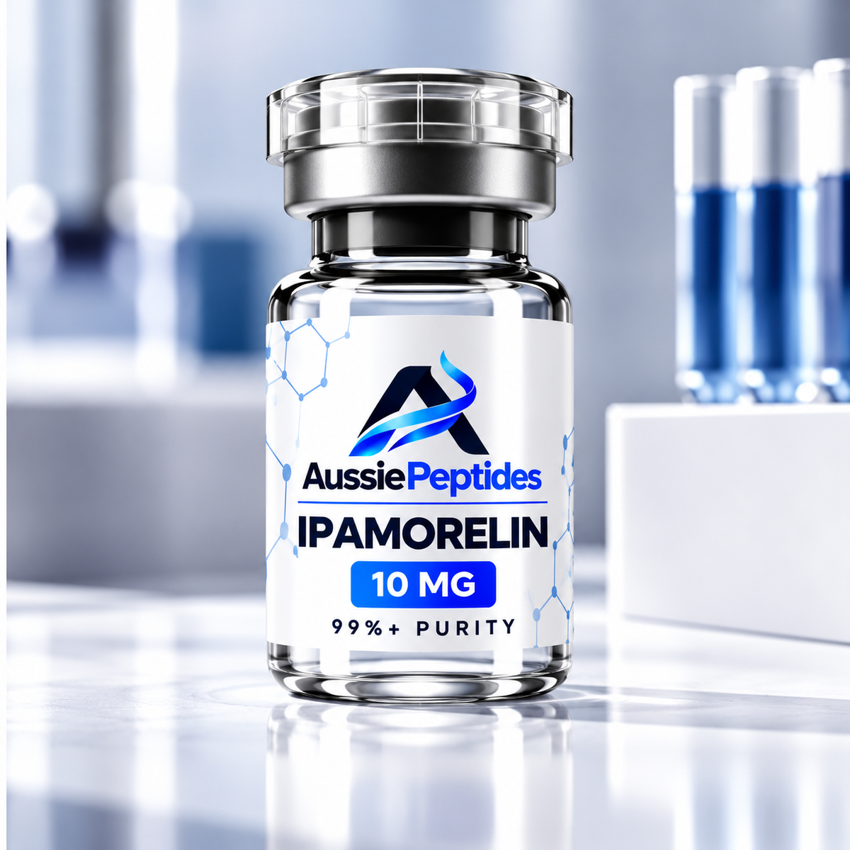 Ipamorelin 10mg peptide vial with AussiePeptides label