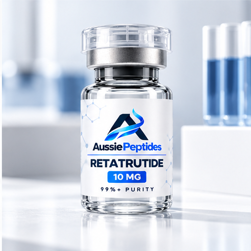 Retatrutide 10mg research peptide vial with AussiePeptides label