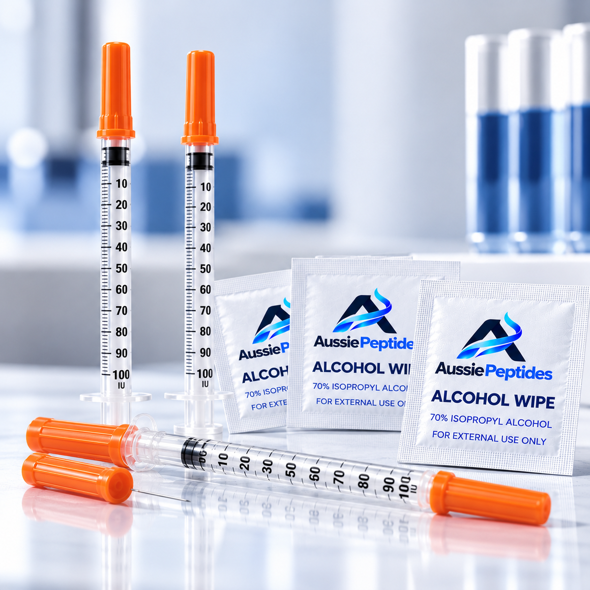 1ml 31G insulin syringes with orange caps and AussiePeptides alcohol wipes
