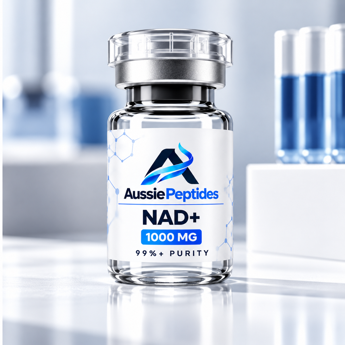 NAD+ 1000mg vial with AussiePeptides label, 99%+ purity