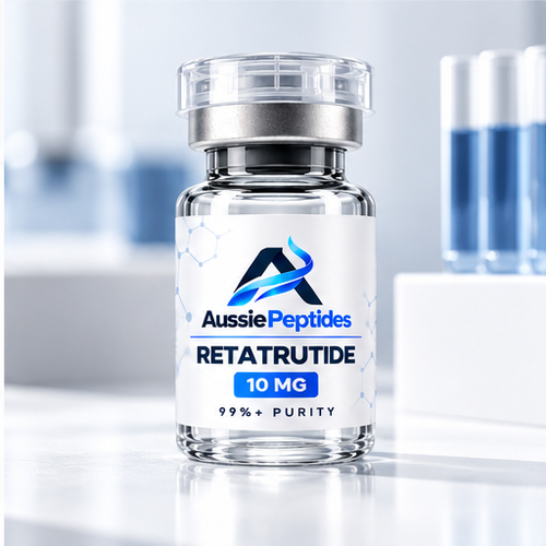 Retatrutide 10mg research peptide vial with AussiePeptides label, 99%+ purity